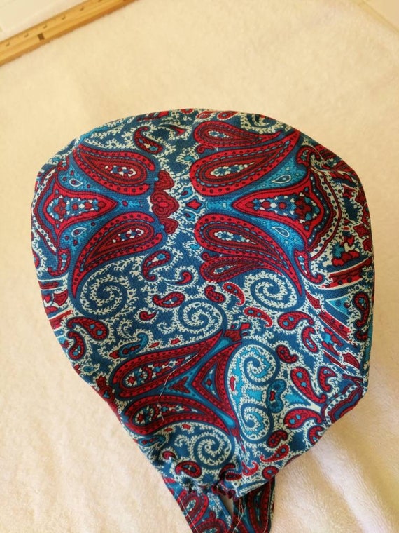 scrub cap-red and blue paisley