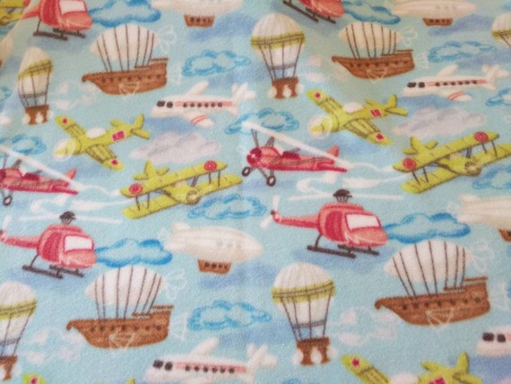 REMNANT-7/8 yard-fleece fabric-planes and hot air balloons