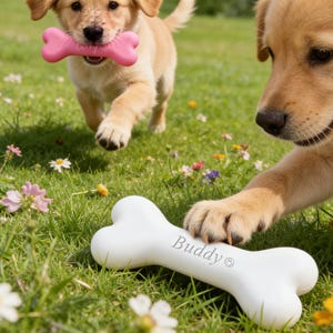 Op de afbeelding: Twee goudkleurige puppy's spelen in een grasveld. De ene puppy draagt een roze botvormig speeltje in de bek, terwijl de andere puppy een poot op een wit botvormig speeltje legt waarop de naam Buddy en een kleine smiley staan gedrukt.