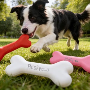 May include: Three bone-shaped dog toys in red, white, and pink. The red toy is engraved with the name Cooper, the white toy with the name Rocky and a bone icon, and the pink toy with the name Molly and two small paw prints. A dog is playing.