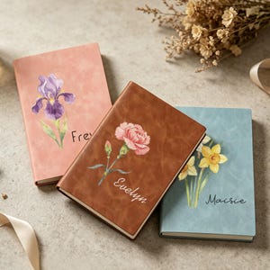 Personalized Birth Flower Leather Journal, Engraved Name Notebook, Keepsake Gift Graduation Gift, Bridesmaid Keepsake