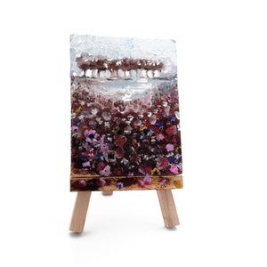 Impressionistisch miniatuur origineel olieverfschilderij, natuur, bloemen en meerlandschap