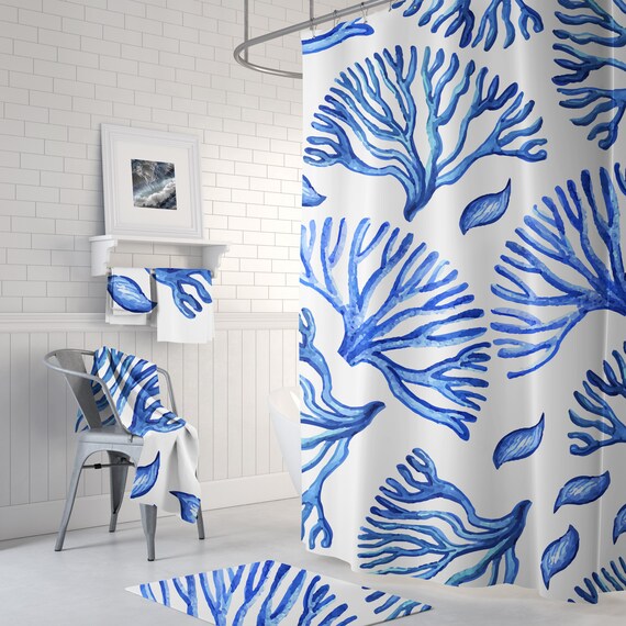 Blue Fish Nautical Sea Ocean Beach Fabric Shower Curtain Digital Art Bathroom