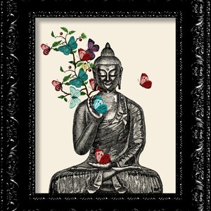 Sale Buddha Butterfly Flower Print - Buddha Peace Love Art Print Giclee - Vintage Retro Inspired - 8x10 11x14 Art Print Poster