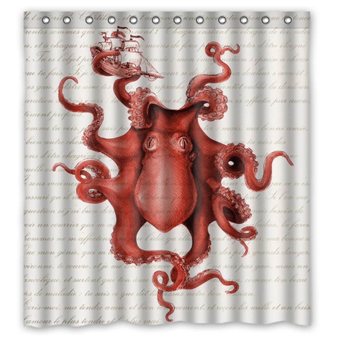 Octopus Shower Curtain Red Octopus with Ship Ocean Octopus Etsy