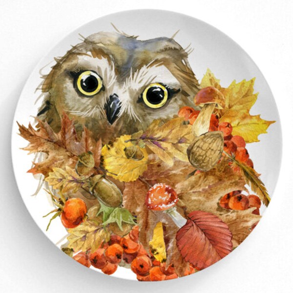 Assiette, Assiette, Assiette décorative, Assiettes, Décoration murale, Décoration d'intérieur, Assiette plate, Animal, Décoration d'action de grâces, Hibou, Automne