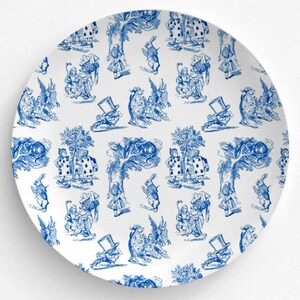 Alice In Wonderland, Blue Toile Design, Melamine Plate, Kitchen, decorative plate, gift, Dinner Plate, 10" plate, Picnic, Alice Cheshire Cat