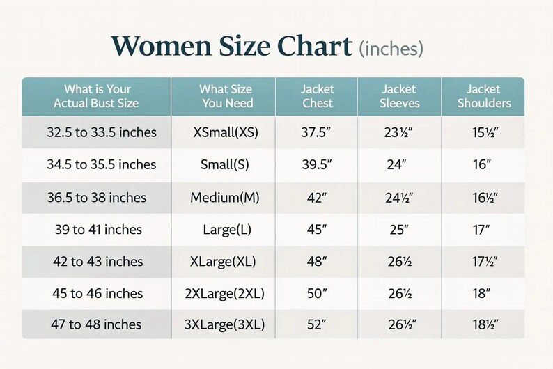May include: A women's size chart in inches, with bust size, jacket chest, sleeves, and shoulder measurements. Sizes range from XSmall to 3XLarge, with bust sizes from 32.5 to 48 inches.