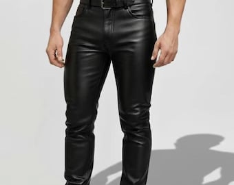 Men's Black Lambskin Leather Pants, Slim Fit Trousers