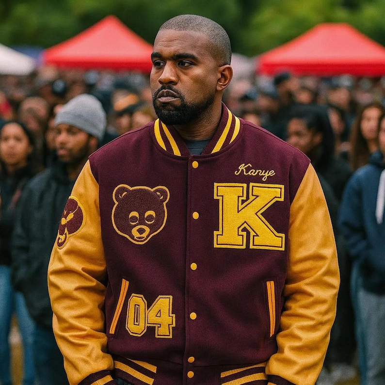 Maroon Wool Gold Yellow Leather Sleeve Varsity Jacket • Kanye College Bomber Outerwear image 1