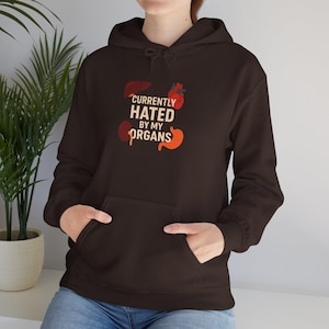 May include: A dark brown hoodie with a front pocket and a drawstring hood. The hoodie features a graphic of internal organs and the text "CURRENTLY HATED BY MY ORGANS" in white and orange.