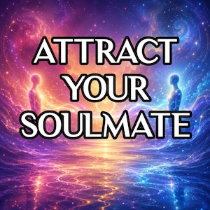 Könnte beinhalten: Ein digitales Kunstwerk mit dem Text "ATTRACT YOUR SOULMATE" in weißen, fetten Buchstaben. Der Hintergrund zeigt eine lebendige kosmische Szene mit wirbelnden Farben von Lila, Orange und Blau sowie zwei silhouettierten Figuren.