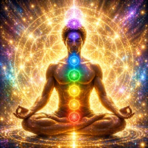 Puede incluir: Ilustración digital de una persona meditando en posición de loto, rodeada de campos de energía brillantes y símbolos de chakras. La imagen presenta un fondo dorado y radiante con una galaxia de estrellas y patrones geométricos. El cuerpo está iluminado con los colores de los chakras.