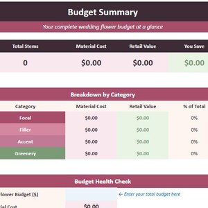 May include: A budget summary for wedding flowers, with sections for total stems, material cost, retail value, and savings. Includes a breakdown by category: focal, filler, accent, and greenery. The text "Enter your total budget here" is also visible.