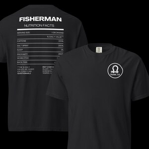 May include: Black t-shirts with white text and graphics. One shirt features "FISHERMAN NUTRITION FACTS" with humorous values. The other shirt displays a circular logo with "TRAWL CO" in a white font. Both shirts are short-sleeved.