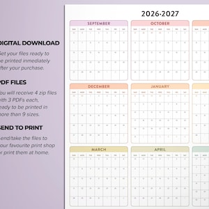 May include: A 2026-2027 wall calendar featuring a grid layout for each month with colourful headers. The text includes DIGITAL DOWNLOAD, PDF FILES, and SEND TO PRINT, alongside instructions for printing files immediately after purchase at home or a shop.
