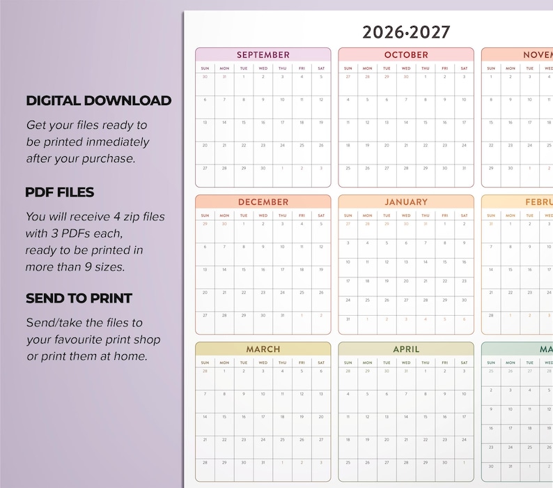 May include: A 2026-2027 wall calendar featuring a grid layout for each month with colourful headers. The text includes DIGITAL DOWNLOAD, PDF FILES, and SEND TO PRINT, alongside instructions for printing files immediately after purchase at home or a shop.