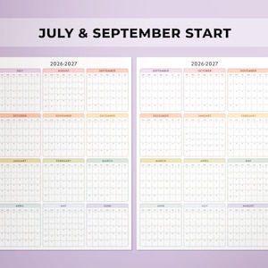 May include: Two 2026-2027 wall calendars displayed side-by-side, featuring a July start on the left and a September start on the right. Each calendar contains twelve monthly grids with pastel-coloured headers, organised in a three-by-four layout.