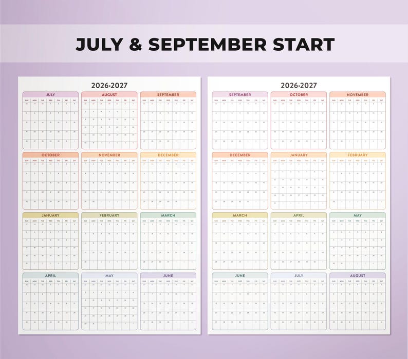 May include: Two 2026-2027 wall calendars displayed side-by-side, featuring a July start on the left and a September start on the right. Each calendar contains twelve monthly grids with pastel-coloured headers, organised in a three-by-four layout.