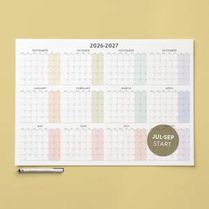 Utskrivbar väggkalender för akademiskt bruk 2026-2027: Stor regnbågsfärgad mittårsplanerare A1 18x24 24x36 (PDF)