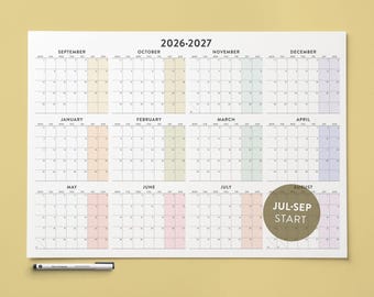 2026-2027 Academic Printable Wall Calendar: Large Rainbow Mid Year Planner A1 18x24 24x36 (PDF)