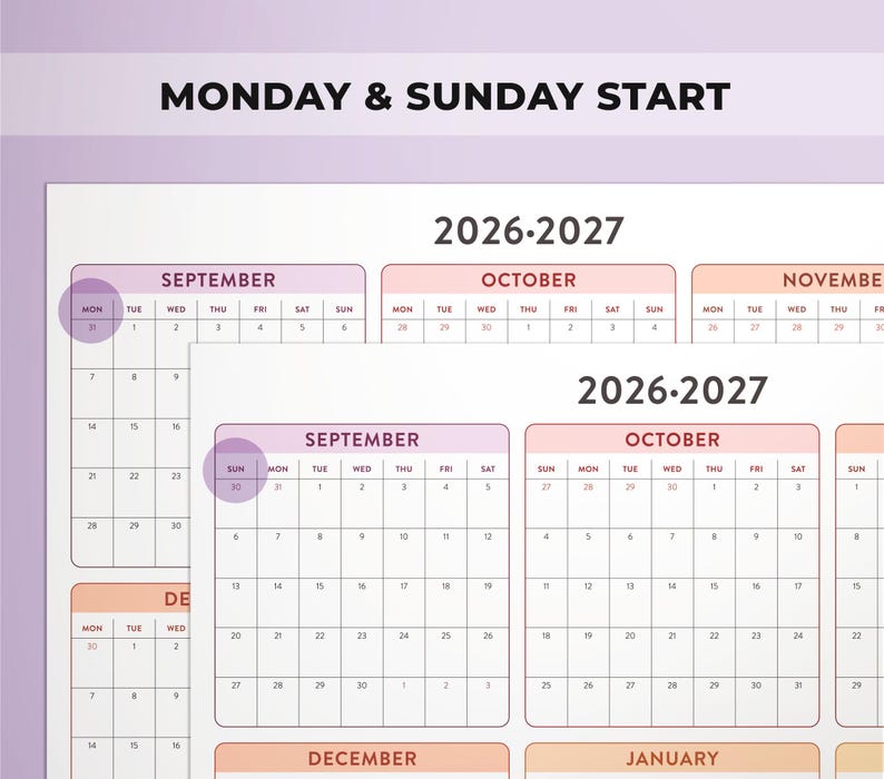 May include: Two 2026-2027 calendar layouts featuring a Monday start and a Sunday start option. The grids display months like September, October, November, December, and January with clear date boxes. The text MONDAY & SUNDAY START is visible.