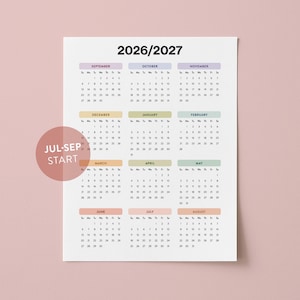 Akademisk regnbågsårskalender 2026-2027: Utskrivbar kalender med årsöversikt (A3, A4, Letter, 11x17)