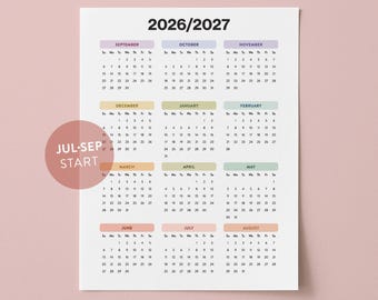 2026-2027 Academic Rainbow Year Calendar: Printable Year at a Glance Planner (A3, A4, Letter, 11x17)