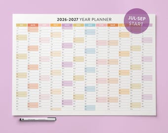Calendario accademico stampabile da parete 2026-2027: Agenda di metà anno grande con arcobaleno, formato A1 18x24 24x36 (PDF)