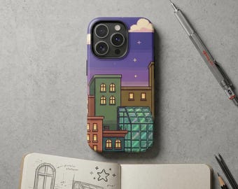 Coque iPhone Pixel Art Cityscape, pochette Street art urbain rétro 8 bits