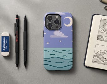 Coque de portable Pixel Art Ocean, coque rétro Lo-fi Moon Stars