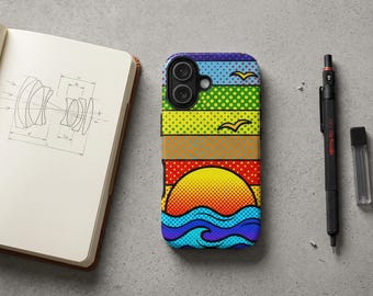 Coque de portable pop art coucher de soleil avec motif vague rétro comique, housse de protection durable