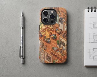 Coque de portable Pixel Art isométrique Cafe, accessoire de jeu confortable