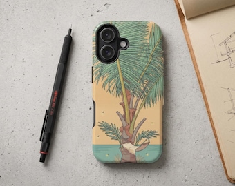 Coque de portable palmier pixel art, design plage hamac rétro, coque résistante tropicale 8 bits