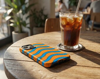 Coque de portable rétro orange vague bleue, coque double épaisseur Pop Art Star