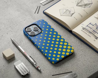 Coque de portable bleue et jaune à pois, coque de portable pop art moderne