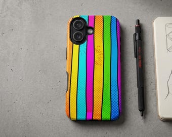 Coque de portable pop art, rayures arc-en-ciel, motif en demi-teintes, double couche de protection