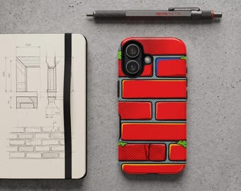 Étui pour téléphone mural en briques rouges, couverture rétro bande dessinée pixel art, style urbain urbain