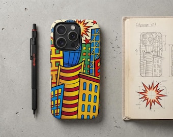 Coque pour iPhone paysage urbain pop art, coque de téléphone architecture urbaine de style bande dessinée audacieuse