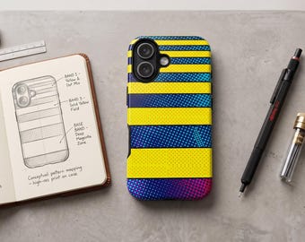 Coque de portable à rayures Pop Art - Housse de protection en demi-teinte jaune bleu