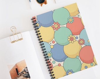 Carnet de notes rétro groovy smiley fleurs, journal Pop Art des années 70, papeterie florale vintage