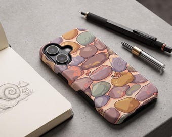 Coque de portable pixel art pierre et escargot : coque double couche Cottagecore motif galets nature
