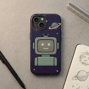 Pixel Art Robot Phone Case – Retro 8-bit Space Tough Cover