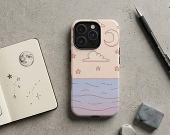 Coque de portable Pixel Art coucher de soleil, coque étoiles de lune pastel, coque galaxie rétro Lofi
