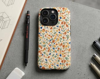 Coque pour iPhone à motif terrazzo, couverture de téléphone en mosaïque de tons ocre modernes