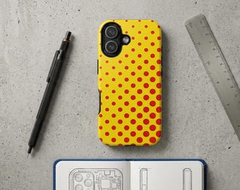 Coque de portable pop art, demi-teintes jaunes rouges à pois, coque rigide de style bande dessinée rétro