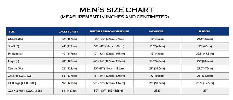 May include: A size chart for men's jackets, with measurements in inches and centimeters. The chart includes sizes from XSmall to XXXXLarge, detailing jacket chest, suitable person chest size, shoulder width, and sleeve length.