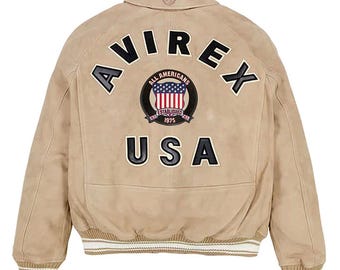 Avirex USA Beige Suede Varsity Bomber Jacket, All Americans Patch, Gift for you.