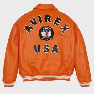 Avirex USA All Americans 1975 Orange Leather Varsity Jacket, Gift for you. image 1