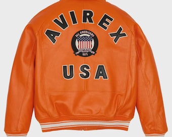 Chaqueta universitaria de cuero naranja Avirex USA All Americans 1975, regalo para ti.